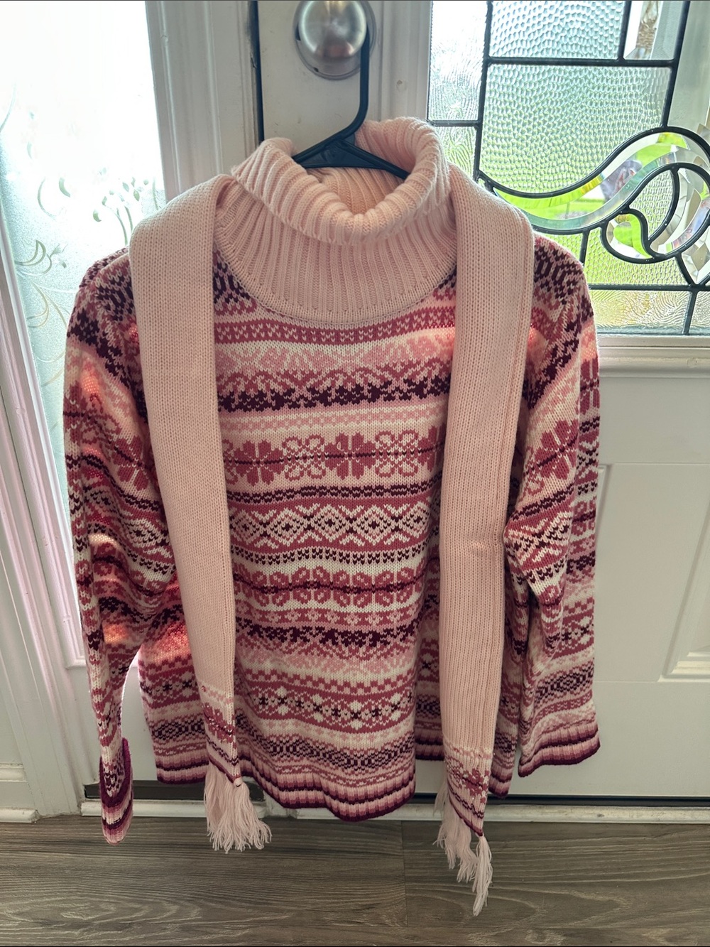 Fashion Bug Pink Fair Isle Turtleneck Sweater with Matching Scarf
